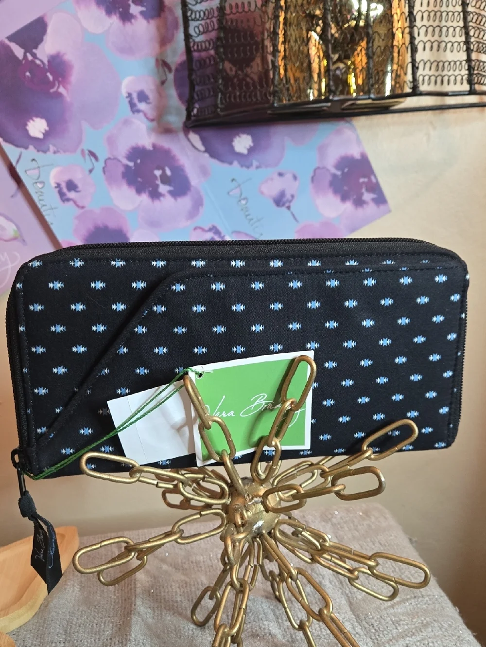 Vera Bradley Black and Blue Patterned Travel Organizer with Gold Chain Detail - Picture 1 of 13